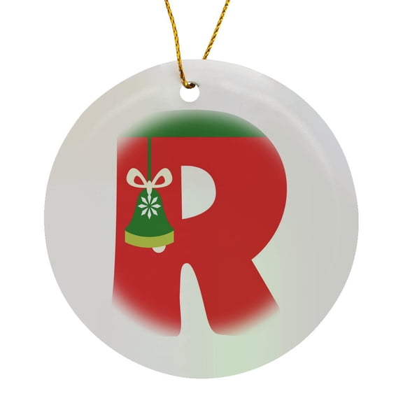3drose, Cute Red and Green Christmas Monogram Initial R, Circle Porcelain Ornament