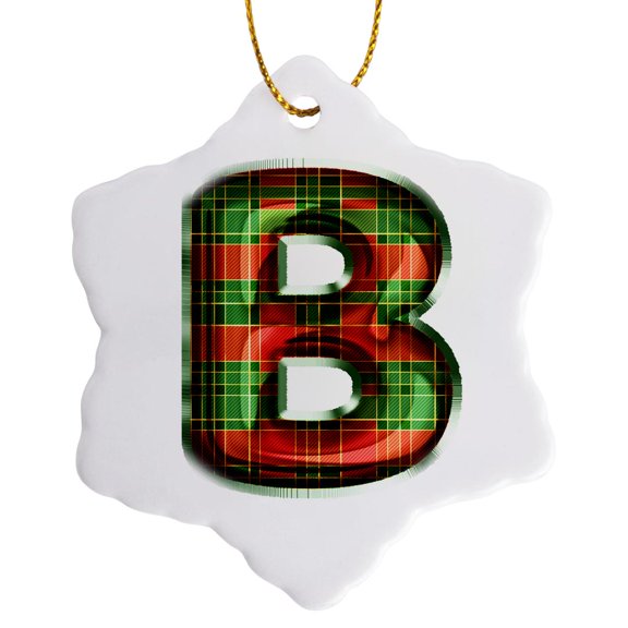 3drose, Cute Red and Green Christmas Plaid Monogram Initial B, 3 inch Snowflake Porcelain Ornament