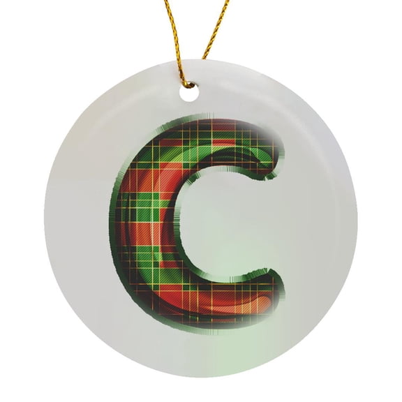 3drose, Cute Red and Green Christmas Plaid Monogram Initial C, Circle Porcelain Ornament