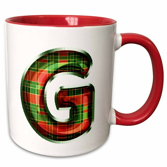 3drose, Cute Red and Green Christmas Plaid Monogram Initial G, 11oz Two-tone Red Mug