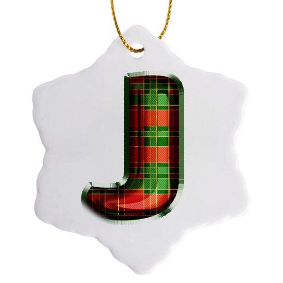 3drose, Cute Red and Green Christmas Plaid Monogram Initial J, 3 inch Snowflake Porcelain Ornament