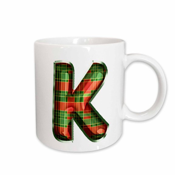 3drose, Cute Red and Green Christmas Plaid Monogram Initial K, 11oz Mug