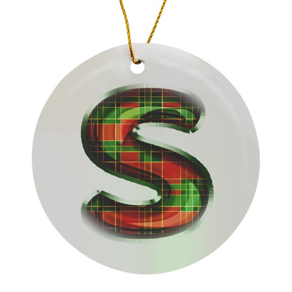 3drose, Cute Red and Green Christmas Plaid Monogram Initial S, Circle Porcelain Ornament