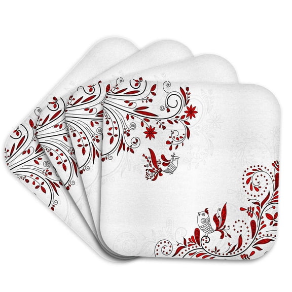3drose, Cute Red and White Birds and Leafy Flourishes, Set of 4 Coasters - Soft