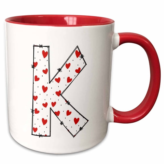 3drose, Cute Red and White Hearts Valentine Monogram Initial K, 11oz Two-tone Red Mug