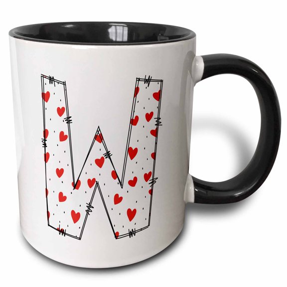 3drose, Cute Red and White Hearts Valentine Monogram Initial W, 11oz Two-tone Black Mug