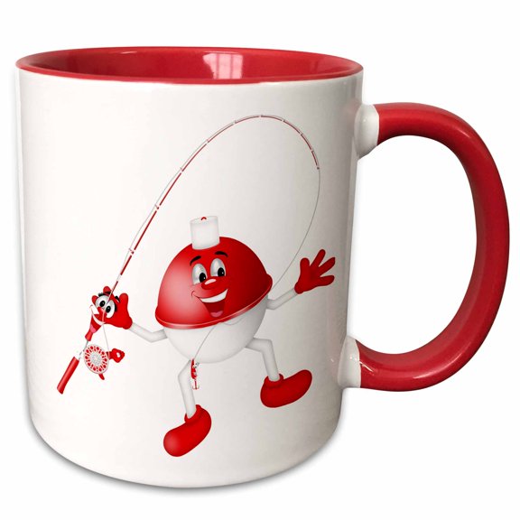 3drose, Cute Red and White Smiling Fish Float with Fishing Rod Illustration, 11oz Two-tone Red Mug