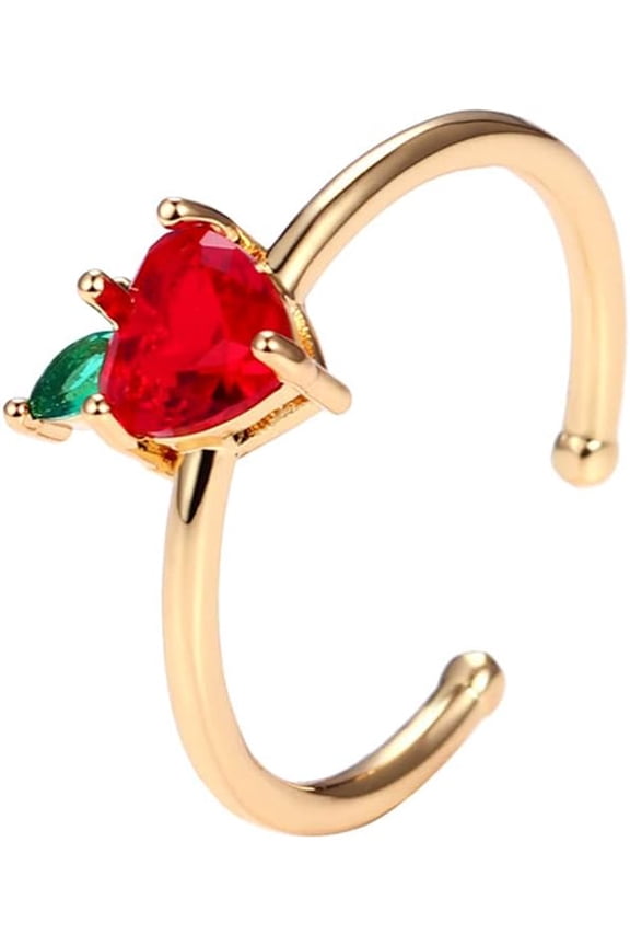 Cute Red Apple Open Stackable Ring Crystal Cubic Zirconia Adjustable Fruit Statement Rings Gold Plated Tail Finger Band Rings Dainty Fashion Jewelry Gifts for Women