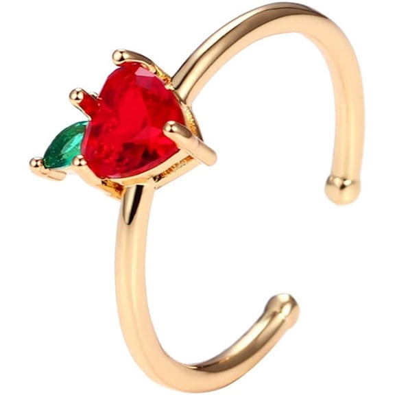 Cute Red Apple Open Stackable Ring Crystal Cubic Zirconia Adjustable Fruit Statement Rings Gold Plated Tail Finger Band Rings Dainty Fashion Jewelry Gifts for Women