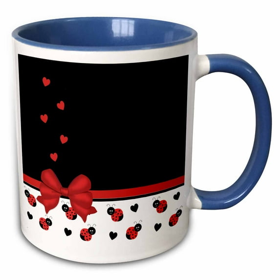 3drose, Cute Red Black Ladybugs Floating Hearts Red Ribbon, 11oz Two-tone Blue Mug