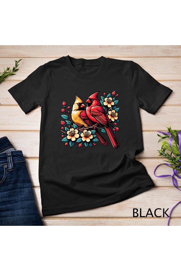 Cute Red Cardinal Couple On Flowering Branch Spring Lovers Unisex T-Shirtfor Him/Her