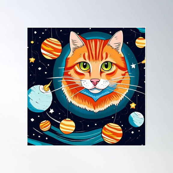 Cute Red Cat In The Space With Planets. Vector Illustration. Poster Wall Art, Modern Wall Decor, 30x30 UNFRAMED