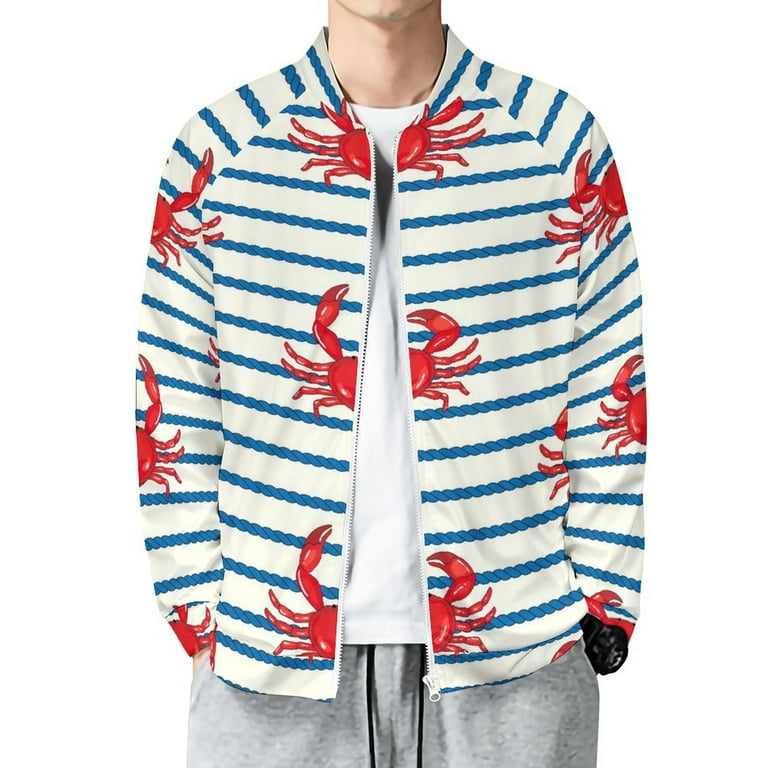 Cute Red Crabs With Nautical Jacket for Men Lightweight Casual Zip Up Bomber Jacket Men Spring Fall Windbreaker Coat with Pocket Walmart