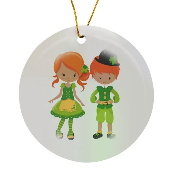 3drose, Cute Red Headed St Patricks Day Boy and Girl Illustration, Circle Porcelain Ornament