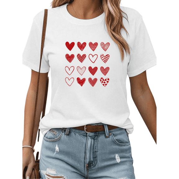 Cute Red Hearts Grid Print Tshirt Graphic Tees Shirts Valentines Day Gift White S-5XL Retro Pattern Tops