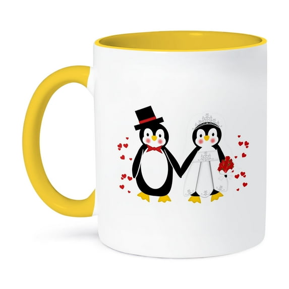 3dRose, Cute Red Hearts Penguin Bride and Groom Wedding Couple, 11oz Two-Tone Yellow Mug