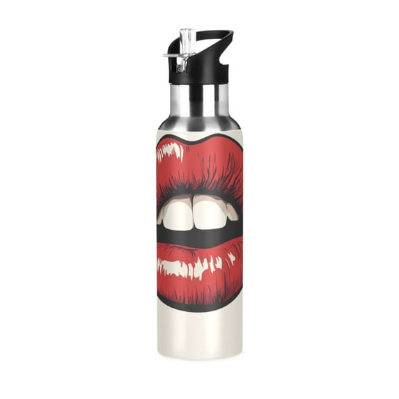 Cute Red Lip Prints Sports Bottle with Straw Stainless Steel Water Jug Portable Thermal Cup Leak-proof 600ML