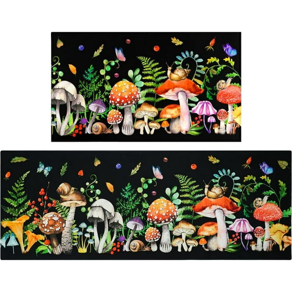 Cute Red Mushroom with Snails Kitchen Rugs & Mats 2 Pieces, Non Slip Cushioned Mat Runner Rug Doormat for Boho Kitchen,Sink, Laundry, Bathroom, Home Decor, 17x30+17x47inch