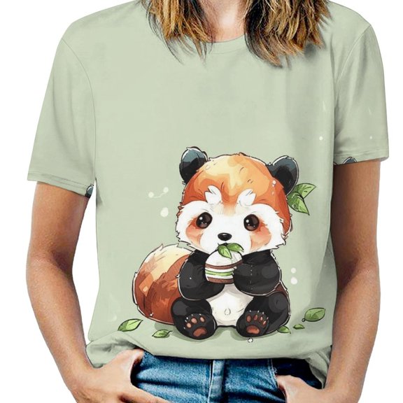 Cute Red Panda Eating Leaves-1 T Shirts Basic T-Shirt Short Sleeve Ladies Tee Shirt Summer Graphic Clothing