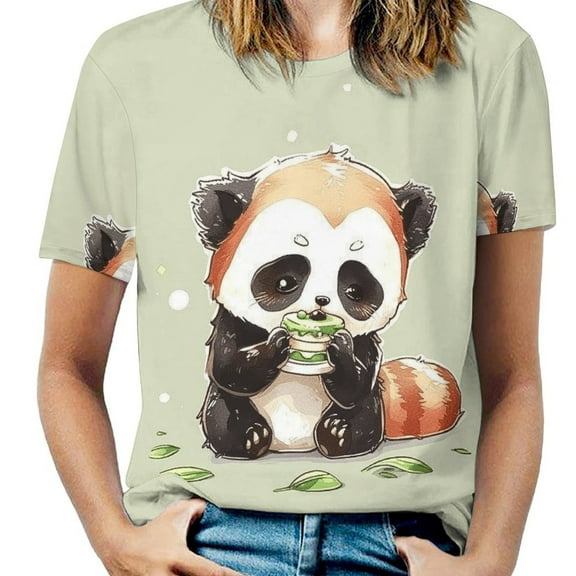 Cute Red Panda Eating Leaves Women's Short Sleeve Tops Casual Blouses T Shirt