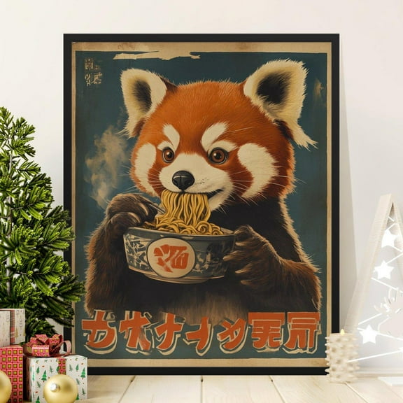 Cute Red Panda Eating Noodles Poster, Vintage Style Wall Art, Adorable Animal Print, Unique Home Decor, Fun Gift for Food Lovers, 8x12