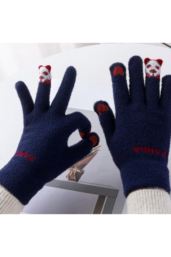 Cute Red Panda Fleece-Lined Thick Gloves, Unisex Winter Warm Windproof Cold-Resistant Gloves, Touchscreen Compatible for Cycling Outdoor Activities, 5.12*8.66in, Navy