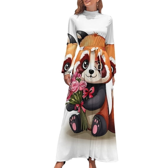 Cute Red Panda Gift Women's Long Dress Long Sleeves Dress Vintage Dresses Party Maxi Dress High Waist Dress