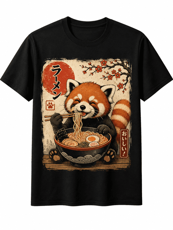 Cute Red Panda Graphic T-Shirt Funny Ramen Lover Japanese Food Art Casual Crew Neck Short Sleeve Tee Unisex