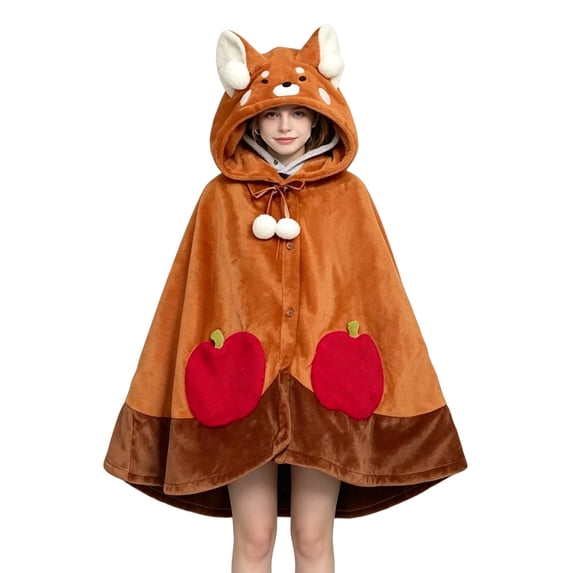 Cute Red Panda Hooded Flannel Cloak for Women, Cartoon Apple Pocket Oversized Plush Wearable Blanket Poncho, Warm Fuzzy Loungewear Wrap Robe for Indoor Use