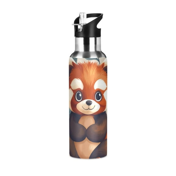Cute Red Panda Leaves Sports Bottle with Straw Stainless Steel Water Jug Portable Thermal Cup Leak-proof 600ML