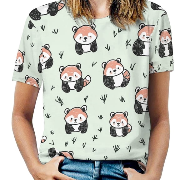 Cute Red Panda Pattern(1)-2 Womens Tops Women's Fashion Casual Short Sleeve Flower Print Round Neck Pullover Top Blouse