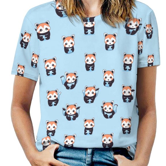 Cute Red Panda Pattern(2)-1 Womens Tops Women's Fashion Casual Short Sleeve Flower Print Round Neck Pullover Top Blouse