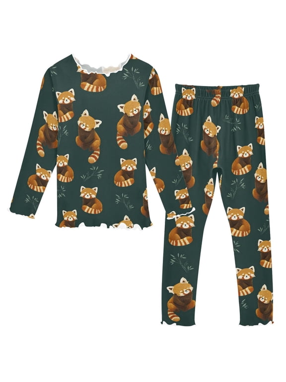 Cute Red Pandas Doing Yoga Pattern Long Sleeve Snug Fit Pajama Set 2 Piece Soft Warm Fleece Top and Pants Sleepwear PJs