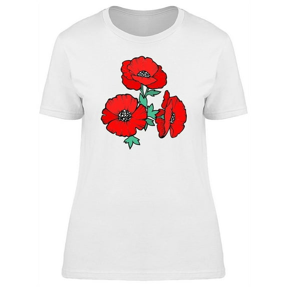 Cute Red Poppy Flowers Doodle T-Shirt Women -Image by Shutterstock, Female Medium