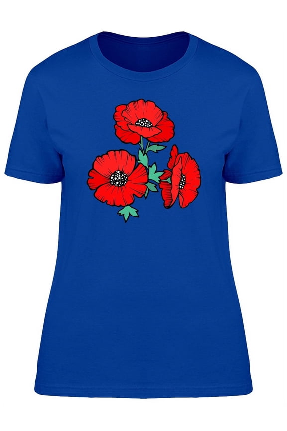 Cute Red Poppy Flowers Doodle T-Shirt Women -Image by Shutterstock, Female Small