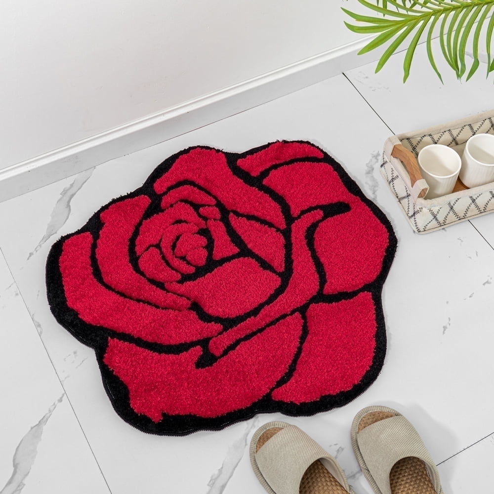 Red Rose Bath Mat for Bathroom Non Slip Flower Shaped Absorbent Bath Rug Fluffy Shower Rugs Washable Decor Floral Small Rug Doormats 23.6x25.5in