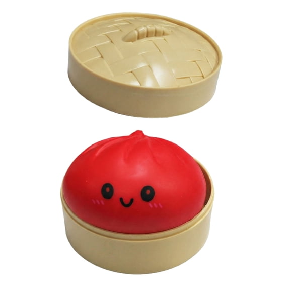 Cute Red Steamed Bun Squishy with Steamer Case - Soft Squeeze Fidget Toy for Anxiety Relief & Desk Decor