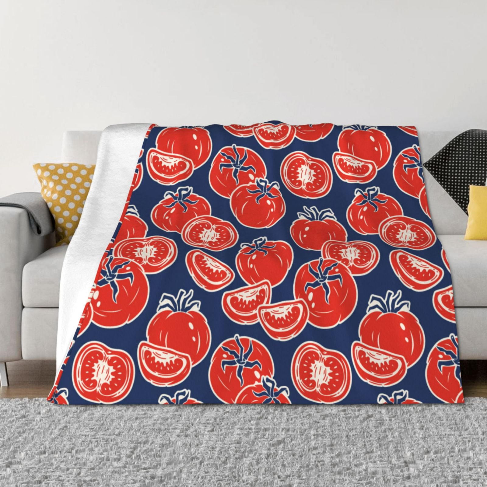 Cute Red Tomato Blue Throw Blanket for Couch, Soft Fuzzy Comfy Warm