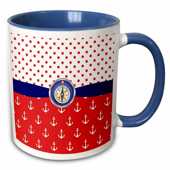 3drose, Cute Red, White, Blue Nautical Anchors and Polka Dots with a Compass, 15oz Two-tone Blue Mug