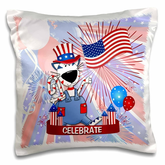 3dRose, Cute Red White and Blue Patriotic Cat with Flag and Fireworks for Kids, 16x16 inch Pillow Case