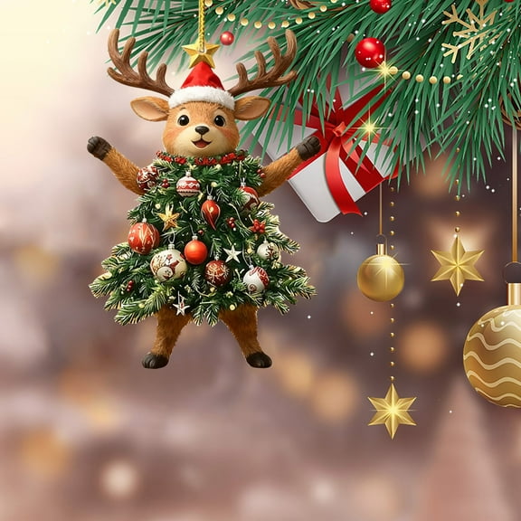 Cute Reindeer Christmas Ornament, Acrylic Christmas Tree Hanging Decoration with Festive Tree & Santa Hat, 4*4 inch Animal Xmas Ornament for Holiday Tree Decor, Home Decoration Gift for Christmas