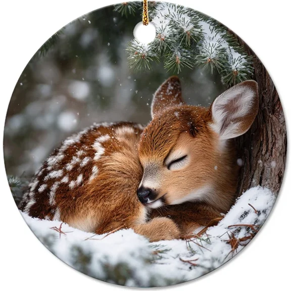 Cute Reindeer Christmas Ornament Winter Forest Snowflake Ceramic Festive Decor 2D FLAT CIRCLE Ceramic Ornament