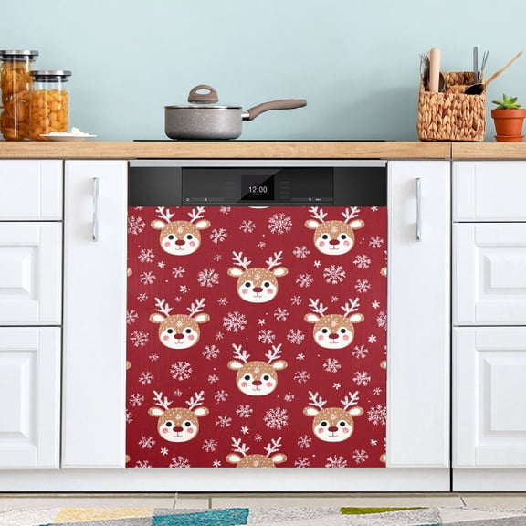 Cute Reindeer Faces Snowflakes Christmas Dishwasher Magnet Refrigerator Magnetic Cover Washing Machine Magnet Sticker Kitchen Decor