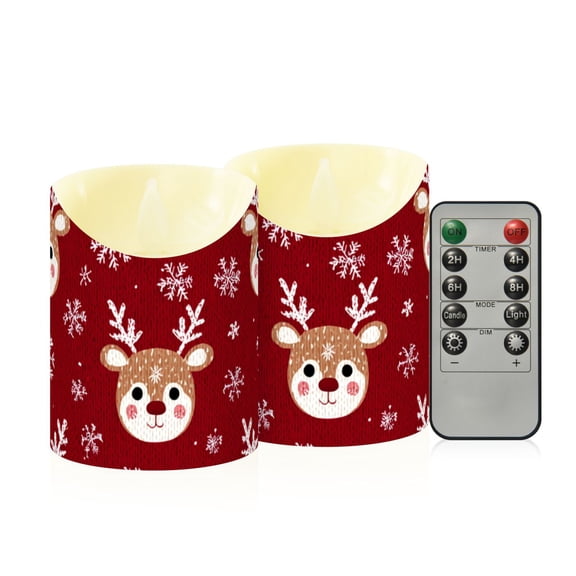 Cute Reindeer Faces Snowflakes Christmas Flickering Flameless Candles with Remote Timer Battery Operated LED Tealight Set of 2 S