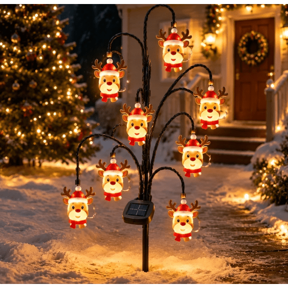 Cute Reindeer Lights Christmas Solar Tree Stake Lights Outdoor Yard Decor, Warm White LED Solar Pathway Lights