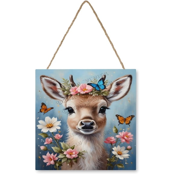 Cute Reindeer and Floral Design Wooden Hanging Sign - Nature-Inspired Decor for Farmhouse Style Living Rooms and Cozy Spaces 12"x12"