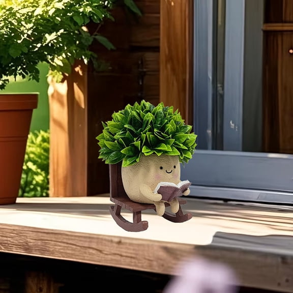 Cute Resin Flower Head Succulent Planters for Indoor Plants, Smily Face Rocking Chair Reading Book Planter Pots with Drainage Hole