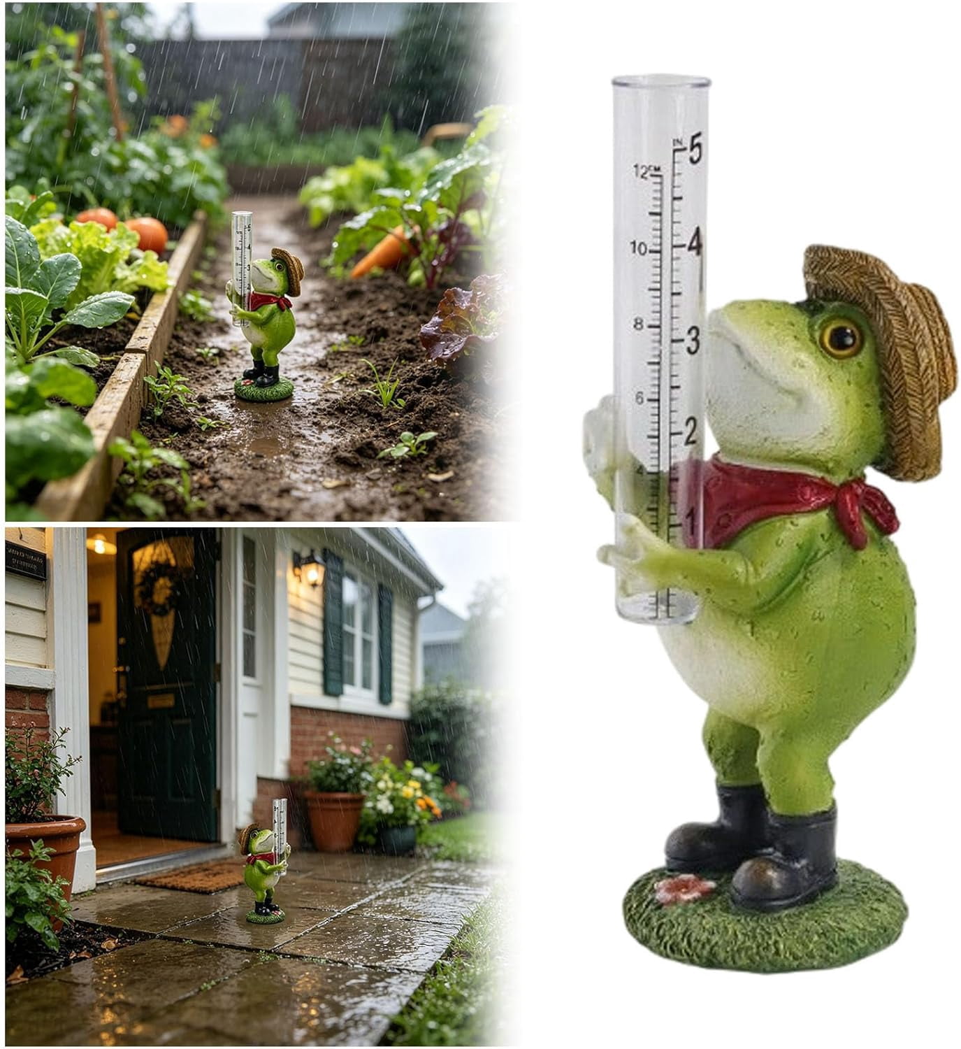 Cute Resin Frog Rain Gauge - 5 Inch Glass Tube Rain Measurement Gauge - Waterproof Outdoor Decorative Animal Statue for Garden, Yard & Patio (k)