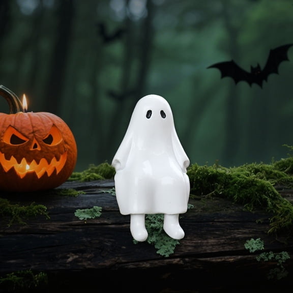 Cute Resin Sitting Ghost Figure Ornament, Halloween Flower Plants Pot Hanger, Funny Pot Huggers for Bookshelf, Planters, Garden Fence Balcony Patio Yard (Ghost)