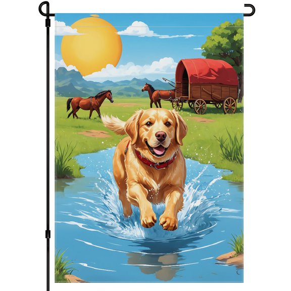 Cute Retriever Garden Flag for Outdoor Colorful Cartoon Sunshine River Animated Decoration 28x40 Inches Golden Retriever Happy Smile House Flag for Backyard Garden Front Door Home Balcony Decoration